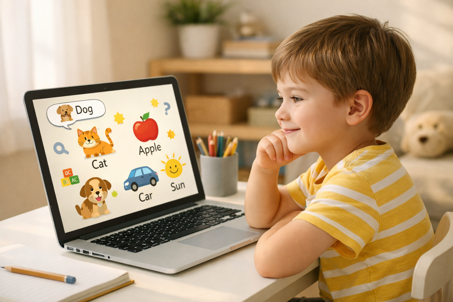 a box containing English letters with happy kids around and on the box, with a signal board written ‘English’